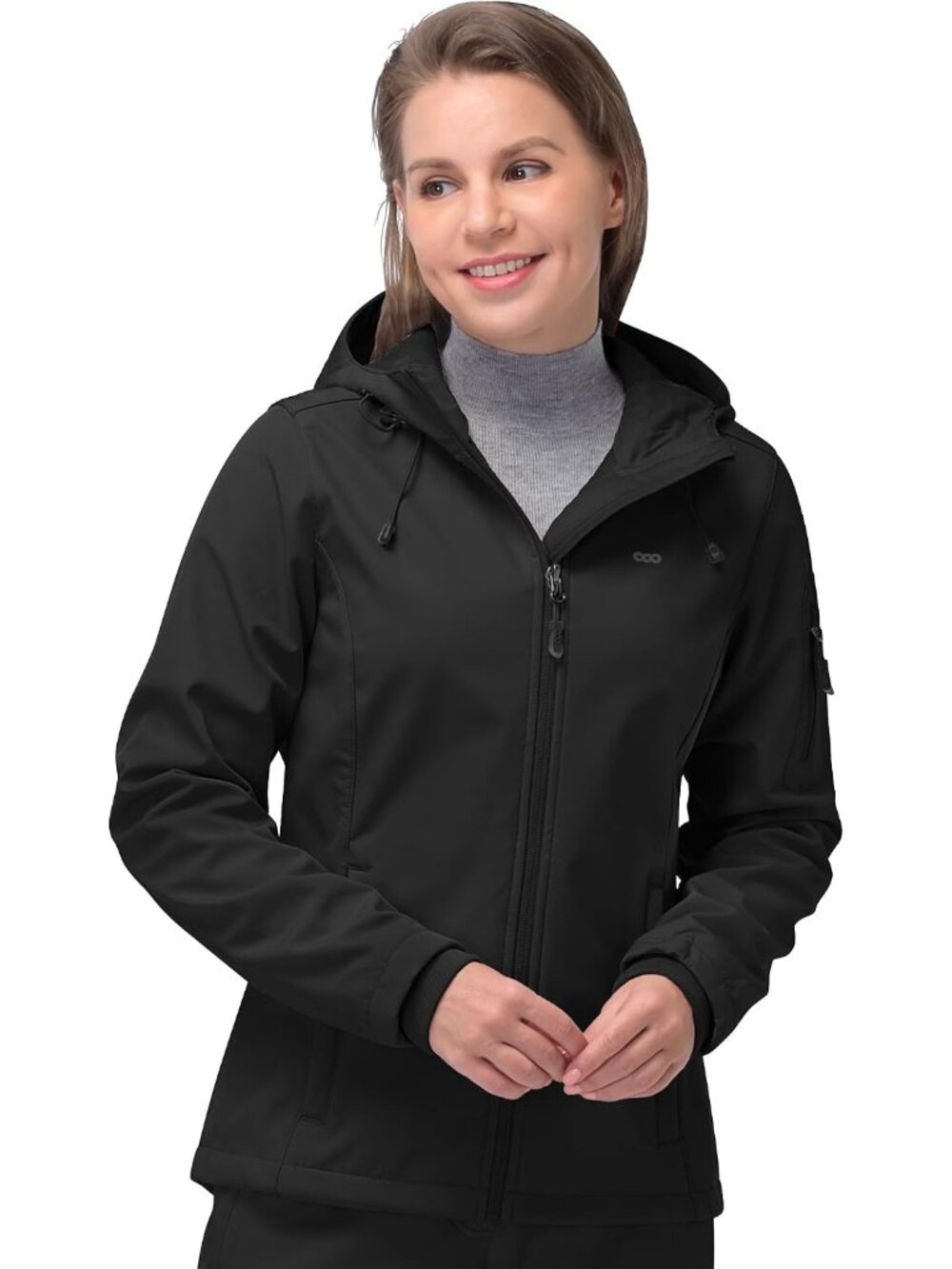 Women Black Hooded Fleece Lined Softshell Pockets Spring Windbreaker Rain Jacket